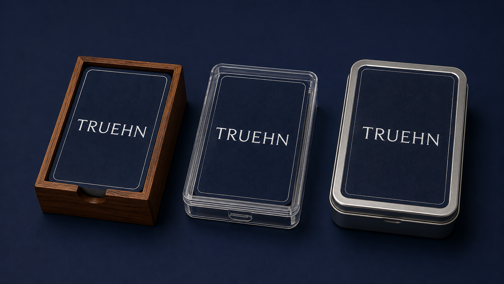 The three TRUEHN Board Game editions: wood case, plastic case and metal case